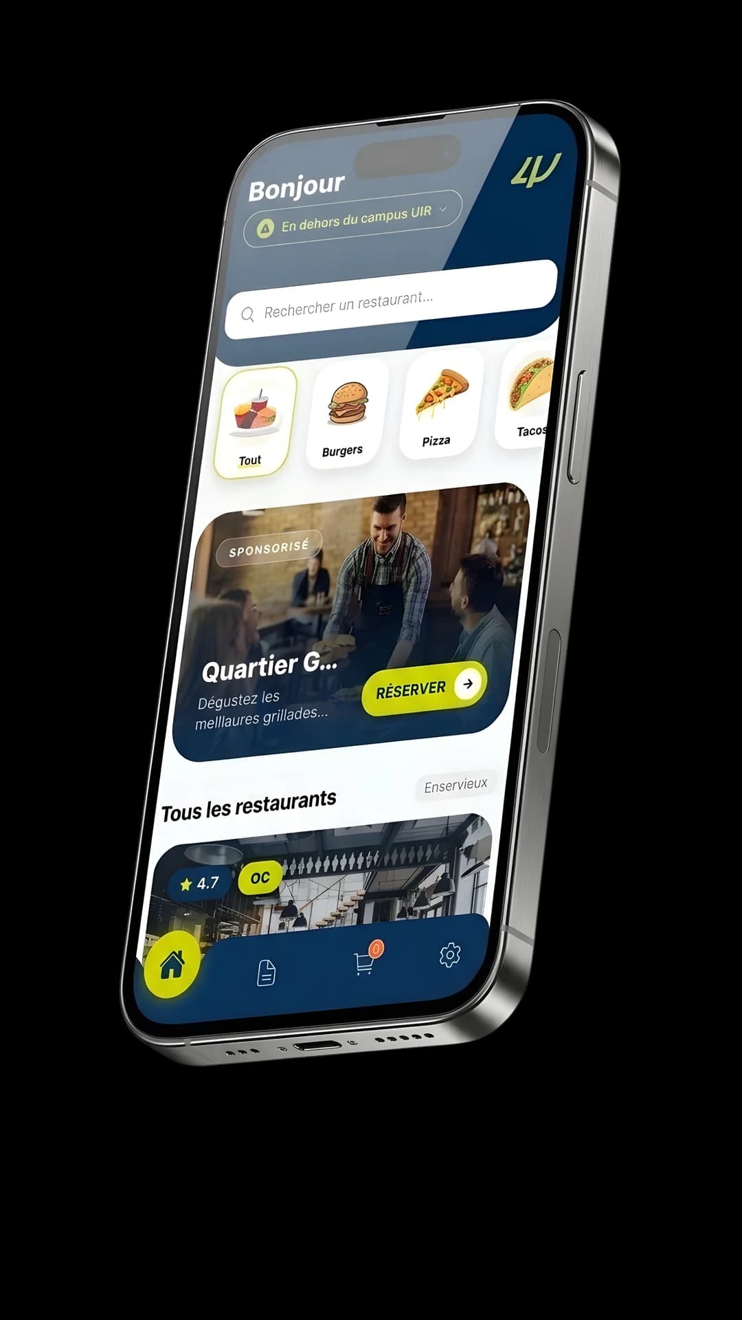 L'application Forlik affichant les restaurants du campus disponibles à la livraison