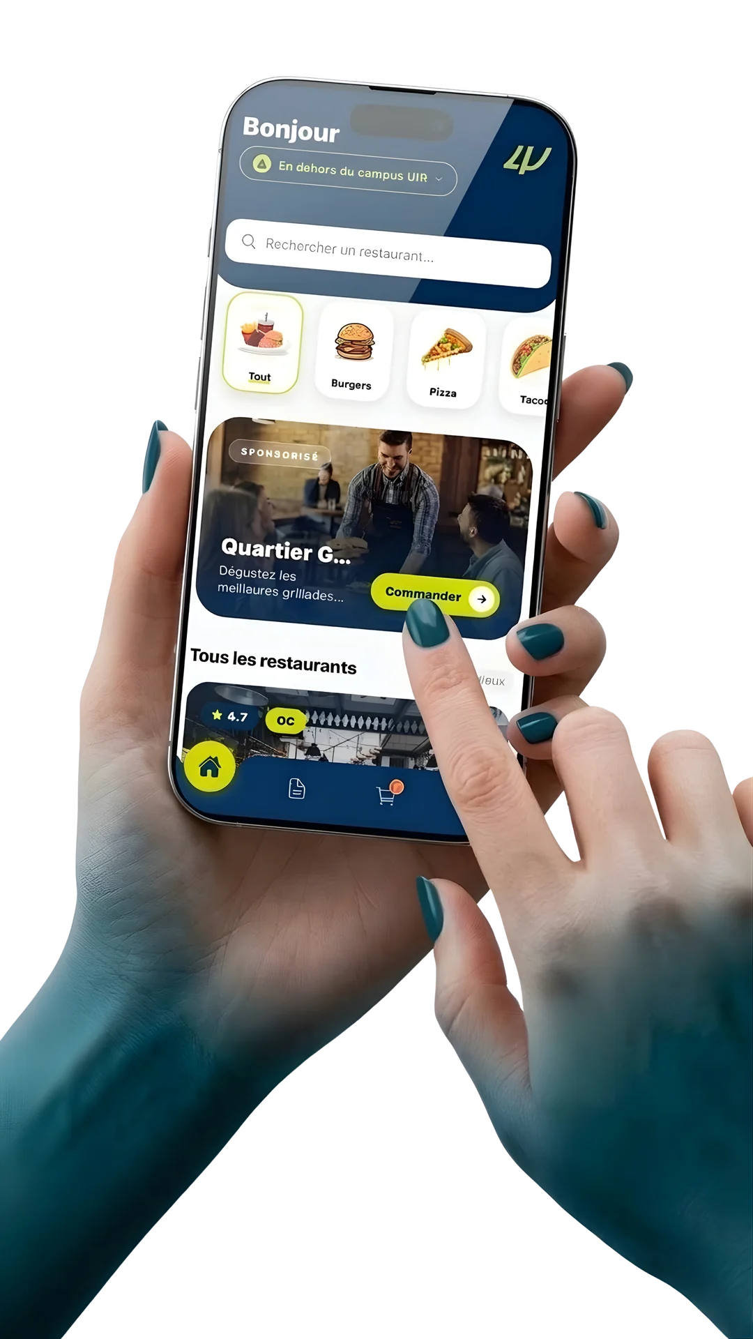 L'application Forlik affichant les cuisines partenaires du campus prêtes à commander