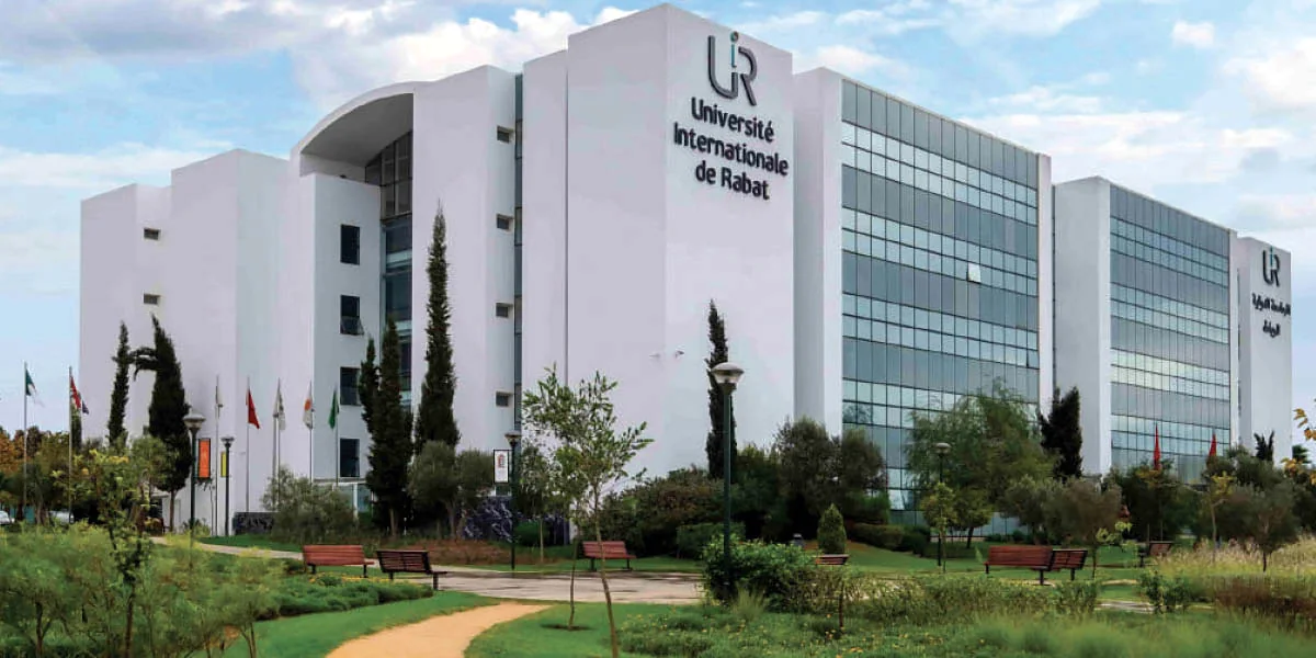 The main building of the Université Internationale de Rabat, seen from the campus gardens.